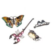 Antique Silver Brooch Collection inc. Charles Horner, Enamel, Citrine, 15.2g