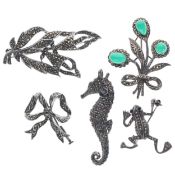 Marcasite Silver Brooch Collection inc. Chrysoprase, Seahorse, Frog, Bow, 40g