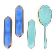 Sterling Silver Ladies Guilloche Enamel Vanity Brushes, 455g