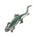 Antique Diamond, Garnet and Enamel Gold and Silver Lizard Brooch, 4.3g