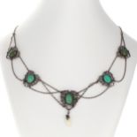 Arts & Crafts Silver Festoon Necklace set with Chrysoprase and Paste with Gold Clasp