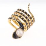 Victorian White Sapphire & Enamel Gold Snake Coiled Ring, 12g