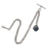 Antique Silver Watch Chain with Gemstone Spinner Fob, 53g
