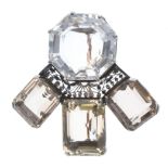 Art Deco Smokey Quartz and Rock Crystal Silver Brooch, 36.8g