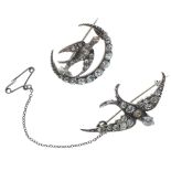 Antique and Later Silver Paste Swallow and Crescent Moon Brooches, 13.6g