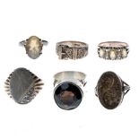 Mid Century Sterling Silver Ring Collection including Gemstone, Signet, Locket, Buckle, 32g