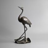 A LARGE JAPANESE BRONZE INCENSE BURNER AND COVER IN THE FORM OF A CRANE, MEIJI PERIOD.
