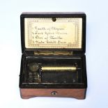Wooden music box with a brass cylinder and a fine comb mechanism, mounted under glass. The lid featu