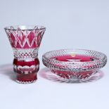 Val Saint Lambert, double-cut red crystal, a vase with a geometric pattern and a large Parisiana fru