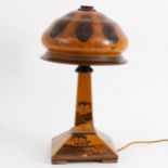 A 1920s French marquetry lamp base with 'mushroom' shade, the base is pyramid form and decorated