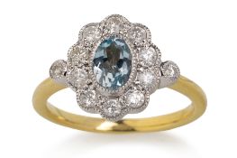 SWISS BLUE TOPAZ AND DIAMOND CLUSTER RING,