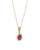 RUBY AND DIAMOND CLUSTER PENDANT ON CHAIN,