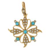 EDWARDIAN TURQUOISE AND SEED PEARL PENDANT,