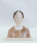 A marble bust of a laureate young woman, made of two-tone marble. Italy, 19th century. H. 22,5 cm.