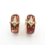 A pair of Enamel and Diamond Earrings by Fabergé, huggie style hoops set red guilloché enamel with
