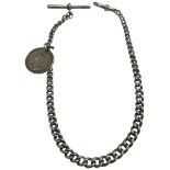 Antique Sterling Silver Curb Link Albert Watch Chain with Queen Victoria Coin Fob