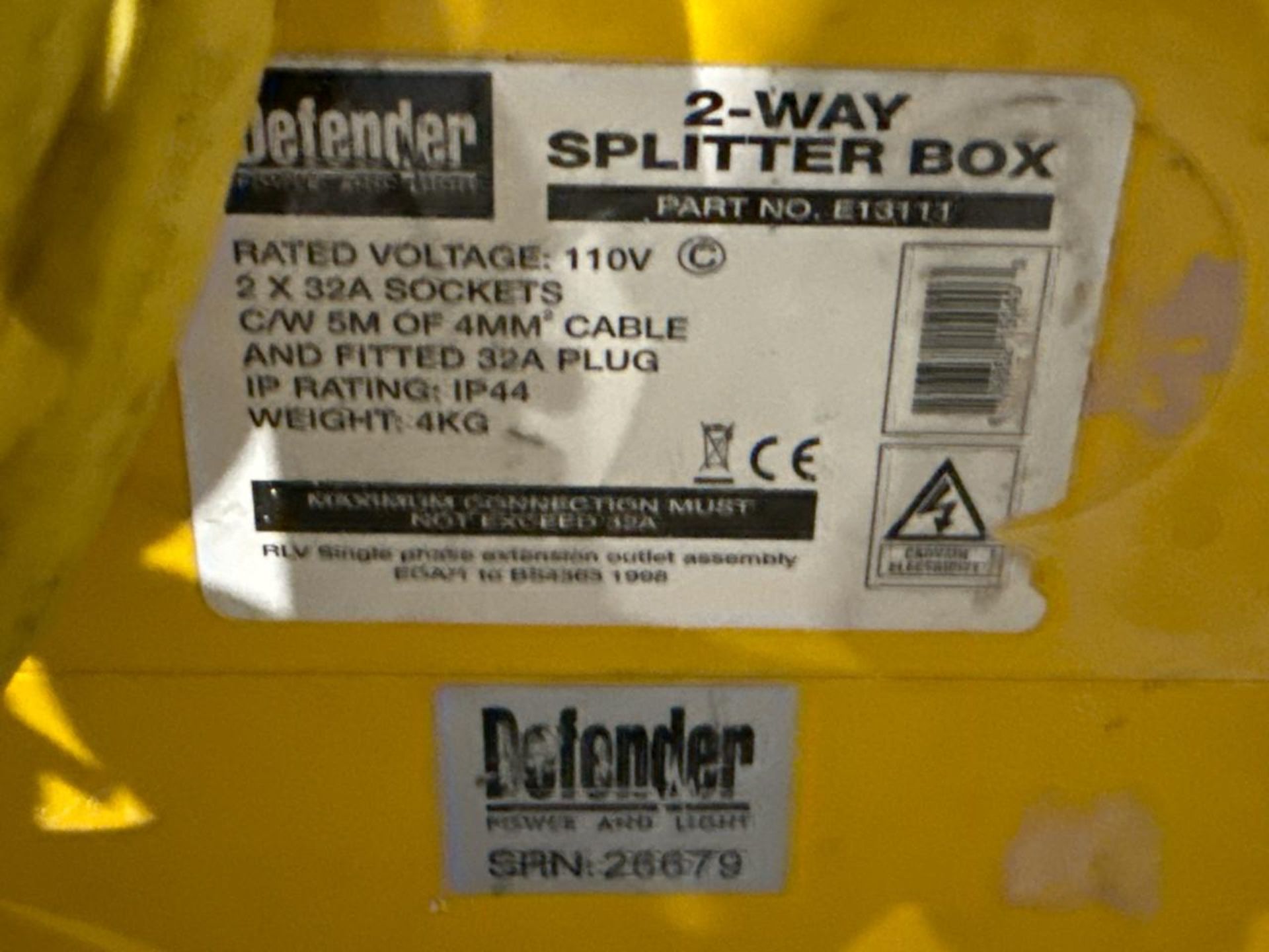 Defender 2 Way Splitter Box 110V 2X 32Amp. S/N: Blank-THX7334 - No Reserve - Image 2 of 4