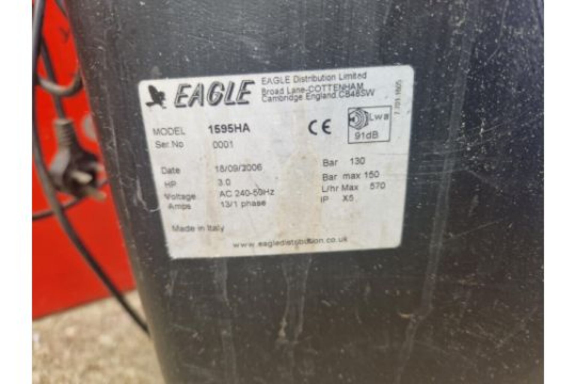Eagle 1595HA jet wash hot and cold   date of manufacture 18/9/2006 3 bar max three pin plug elect - Image 9 of 16
