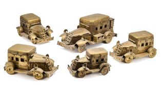 FIVE BETEL BOXES IN THE FORM OF VINTAGE CARS, INDIA, 20TH CENTURY