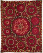 A PISKENT WOOL AND SILK EMBROIDERED SUZANI, UZBEKISTAN, LATE 19TH CENTURY