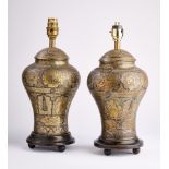 TWO QAJAR SILVER INLAID BRASS LIDDED VASES, PERSIA, 19TH CENTURY
