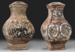 A PAIR OF CHINESE POTTERY 'FANG HU' VASES, HAN DYNASTY (206 BC-220 AD)
