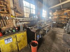 SLEEPER WOOD & STEEL WORK BENCH WITH RACK & VARIOUS WORKSHOP ITEMS - STC