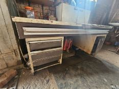 STEEL WORK TABLE WITH DRAWERS & SMALL WOODEN CUPBOARDS WITH CONTENTS - STC