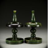Pair of Chinese Green Jade Lamp Stands with Carved Decoration, Qing Dynasty or Later