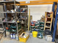 3 Slotted Steel Rack, Hand tools, Draper T-Handle Key Set, Fixings, Spirit Levels, 2 Wooden Benches,