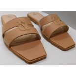 Pair of Ralph & Russo Double Stripe Sliders, Fabric Calf, Tan, With Box & Dust Bags. EU Size 39.5.