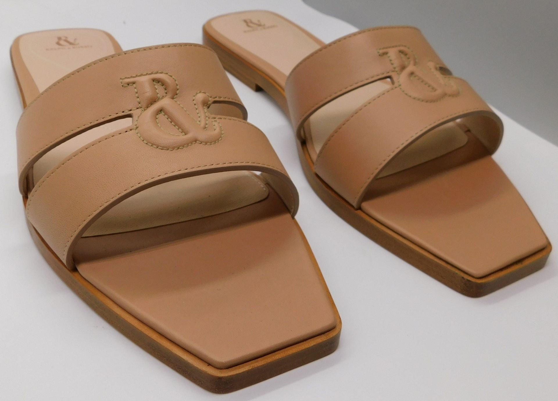 Pair of Ralph & Russo Double Stripe Sliders, Fabric Calf, Tan, With Box & Dust Bags. EU Size 39.5.