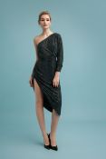 Ralph & Russo 19F11 D069, Embellished Drape Asymmetric Dress with Hotfix Crystals, Black, Size 40 (