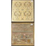 Framed tapestry alphabet sampler, together with a framed needlepoint panel. 36x41cm and 43x43cm