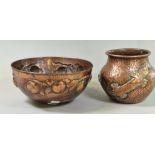 Arts and Crafts hammered copper jardinière or rose bowl overall decorated with repoussé fish and