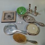 Collection of silver and silver plated items to include: pair of silver plated candle or taper