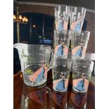 Vintage hand-painted glass cocktail or juice set comprising matching pitcher and six tumblers. The