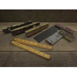 Quality vintage brass-fitted spirit levels, engineers' squares and folding ruler by Rabone, Lovatt,