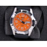 A Seiko 5 Sports automatic gentlemens wristwatch with orange dial, rotating bezel and rubber