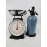Vintage kitchen scale with metal bowl together with soda syphon in original box