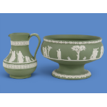 Wedgwood sage green Jasperware comprising footed fruit bowl and jug, classical relief decoration, bo