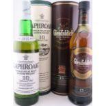 Laphroaig 10 Year Old and Glenfiddich Solera Reserve 15 Year Old single malt whiskies.