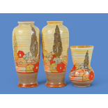 Three small Clarice Cliff vases in the Capri pattern, tallest 15cm
