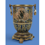 Doulton Lambeth stoneware pate-sur-pate oil lamp base with brass mounts, signed by Florence Barlow.