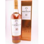 A bottle of The Macallan 10 Year Old Highland Single Malt Scotch Whisky, matured in selected