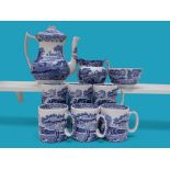 A Spode Italian blue and white coffee set, including coffee pot, milk jug and matching mugs.