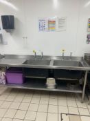 Stainless steel twin basin sink with left hand drainer back splash and under shelf Note this lot has