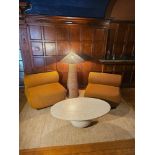A Contemporary Three-Piece Lounge Suite, comprising a pair of sculptural mustard yellow bouclé