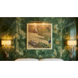 A Japanese Edo Rimpa School Style Print of Mandarin Ducks, A high-quality square decorative colour