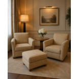 A Pair of Contemporary Fully Upholstered Armchairs and Matching Footstool A high-end, contemporary